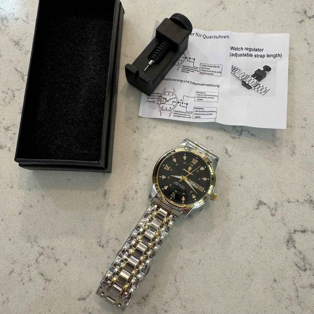 POEDAGAR Men's Watch Date Week Waterproof Luminous Quartz Stainless Steel Black